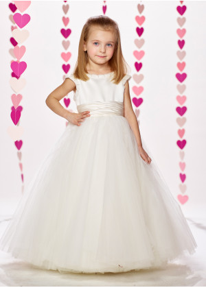 Pearl Embellished Satin Tulle Floor Length Wedding Flower Girl Dress